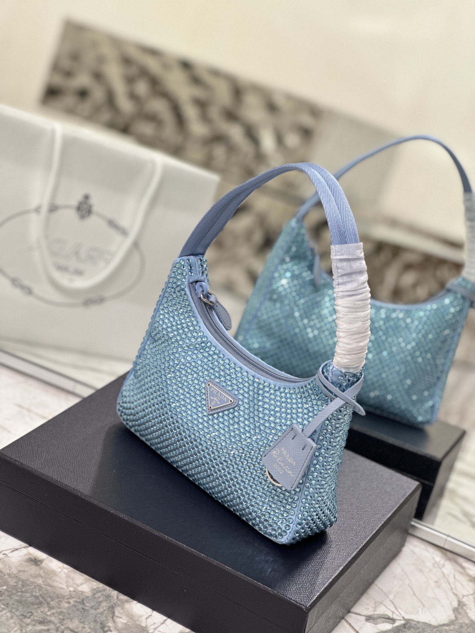 Bagsaaa Pra*a Satin Mini-bag With Artificial Crystal Blue - 23*13*5cm