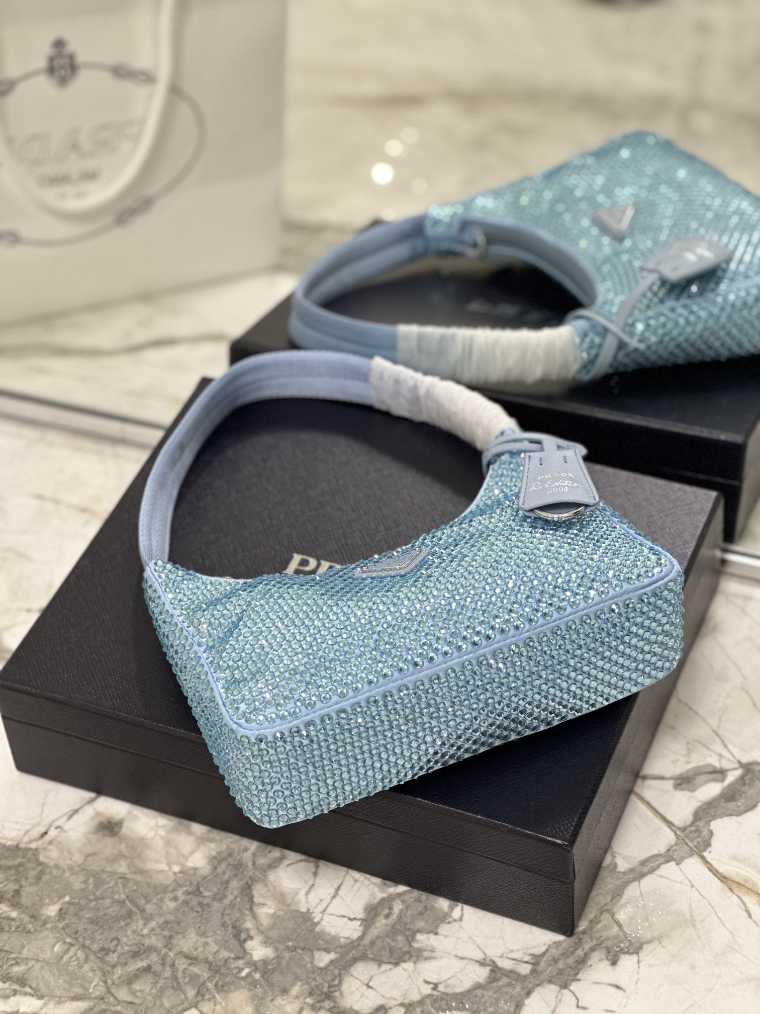 Bagsaaa Pra*a Satin Mini-bag With Artificial Crystal Blue - 23*13*5cm