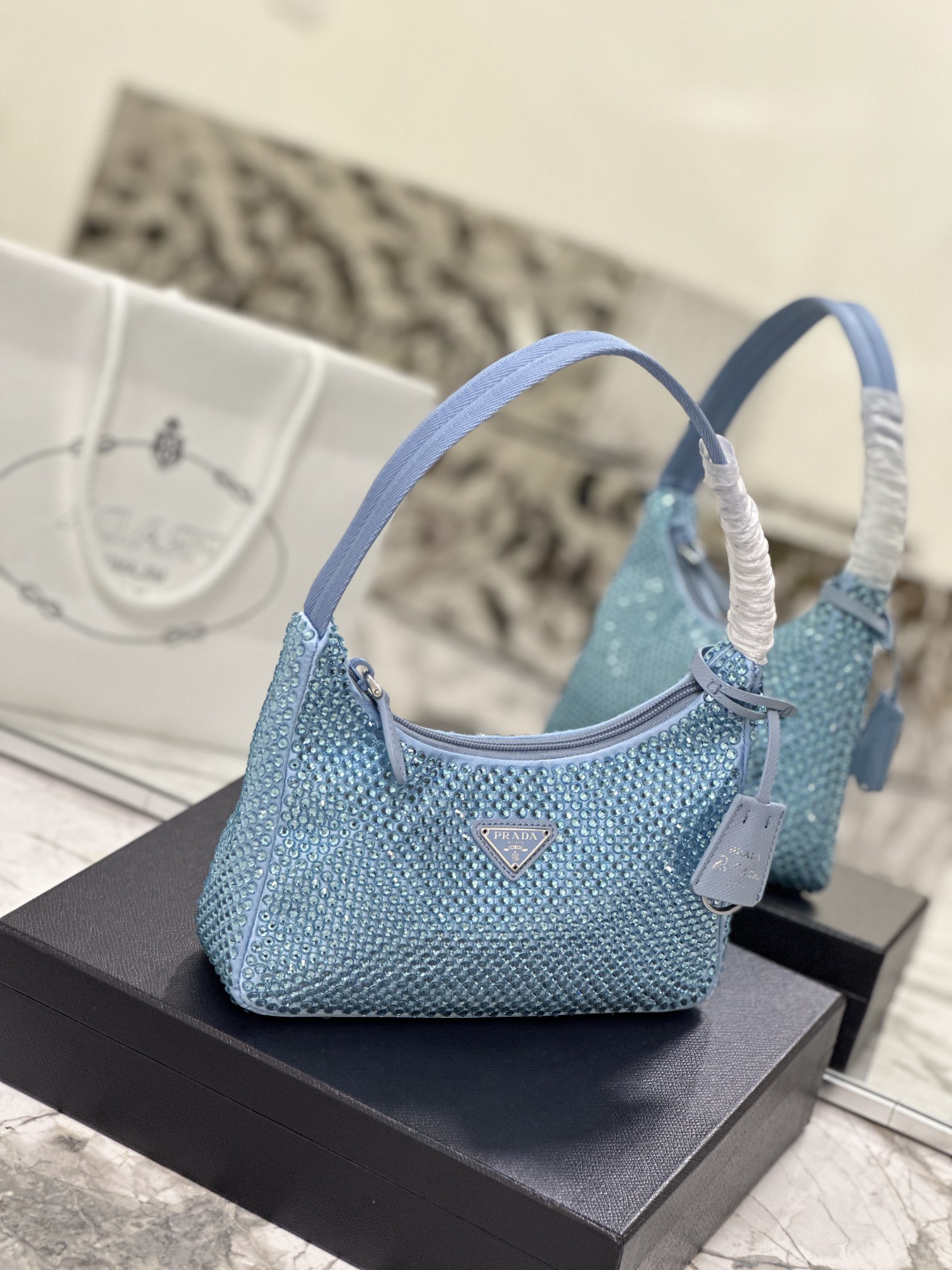 Bagsaaa Pra*a Satin Mini-bag With Artificial Crystal Blue - 23*13*5cm