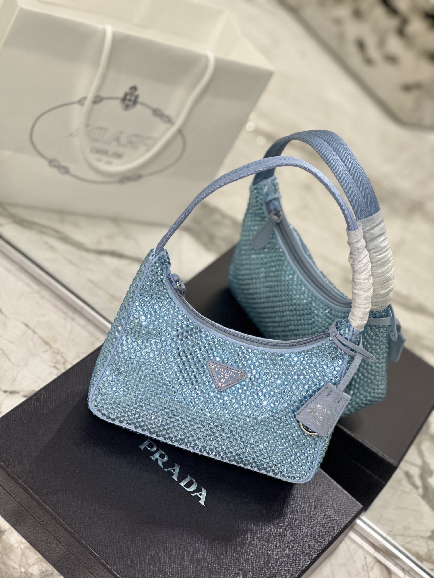 Bagsaaa Pra*a Satin Mini-bag With Artificial Crystal Blue - 23*13*5cm