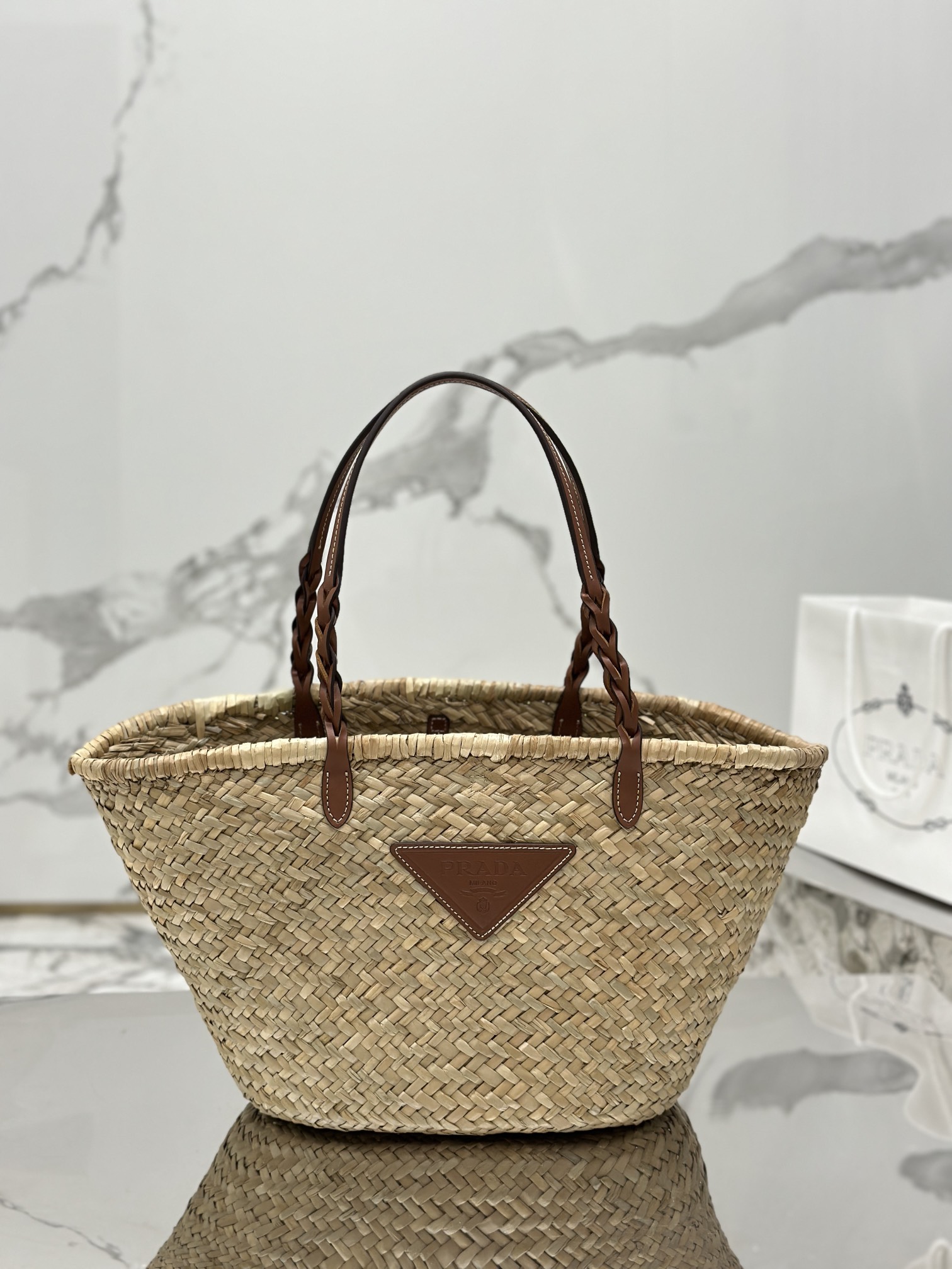Bagsaaa Pra*a Raffia Woven Braided Basket Tote Brown - 25*48*16cm