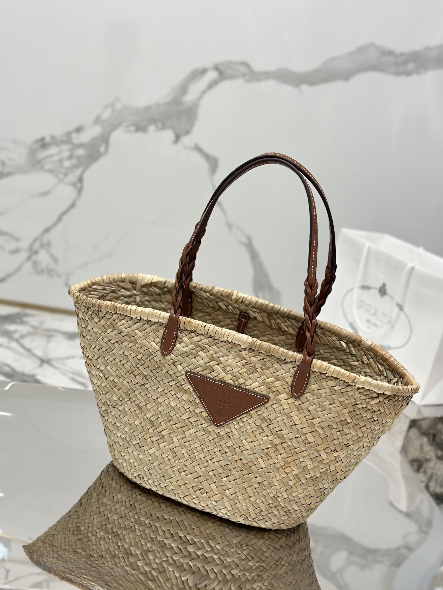 Bagsaaa Pra*a Raffia Woven Braided Basket Tote Brown - 25*48*16cm