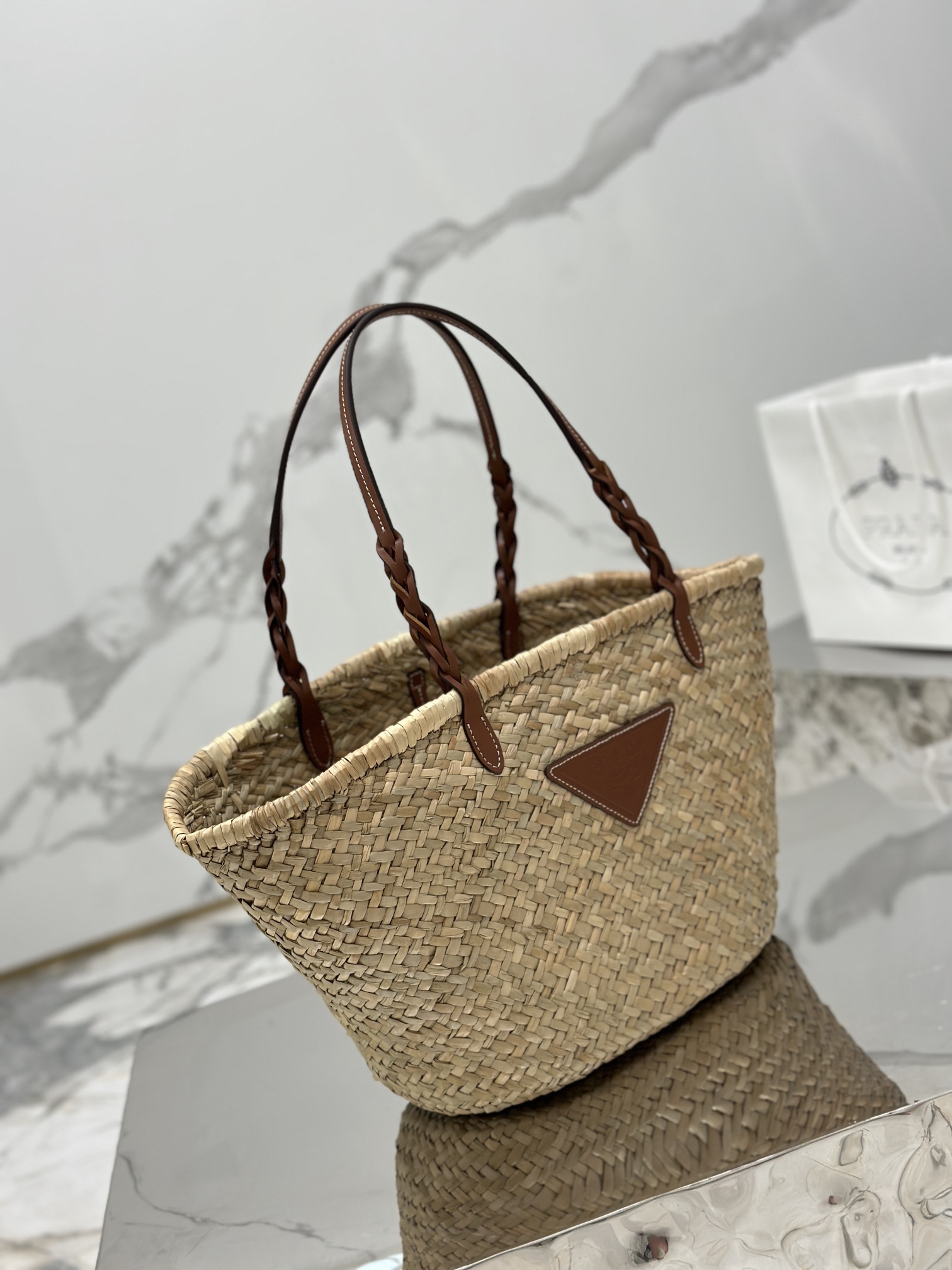 Bagsaaa Pra*a Raffia Woven Braided Basket Tote Brown - 25*48*16cm