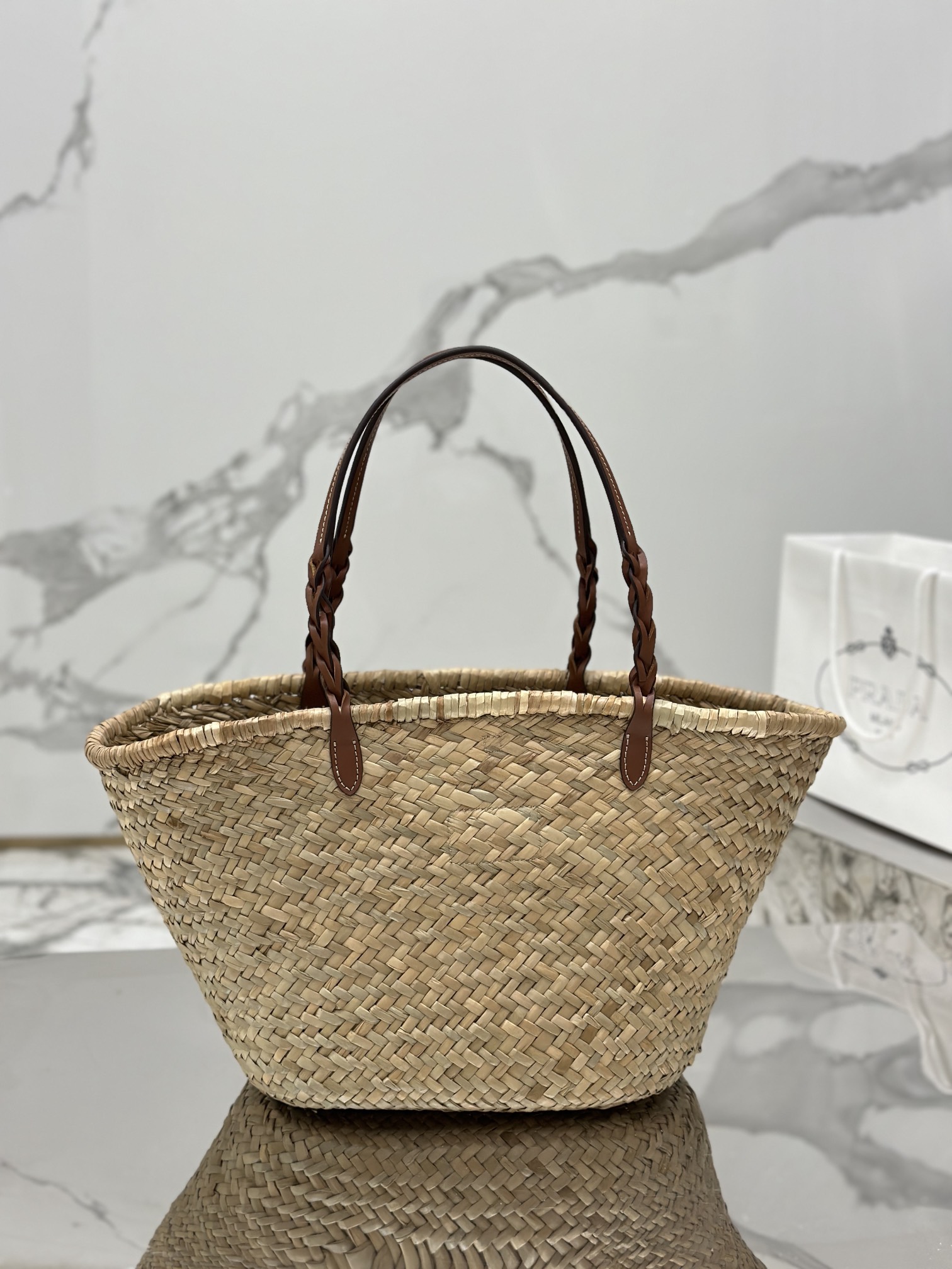 Bagsaaa Pra*a Raffia Woven Braided Basket Tote Brown - 25*48*16cm