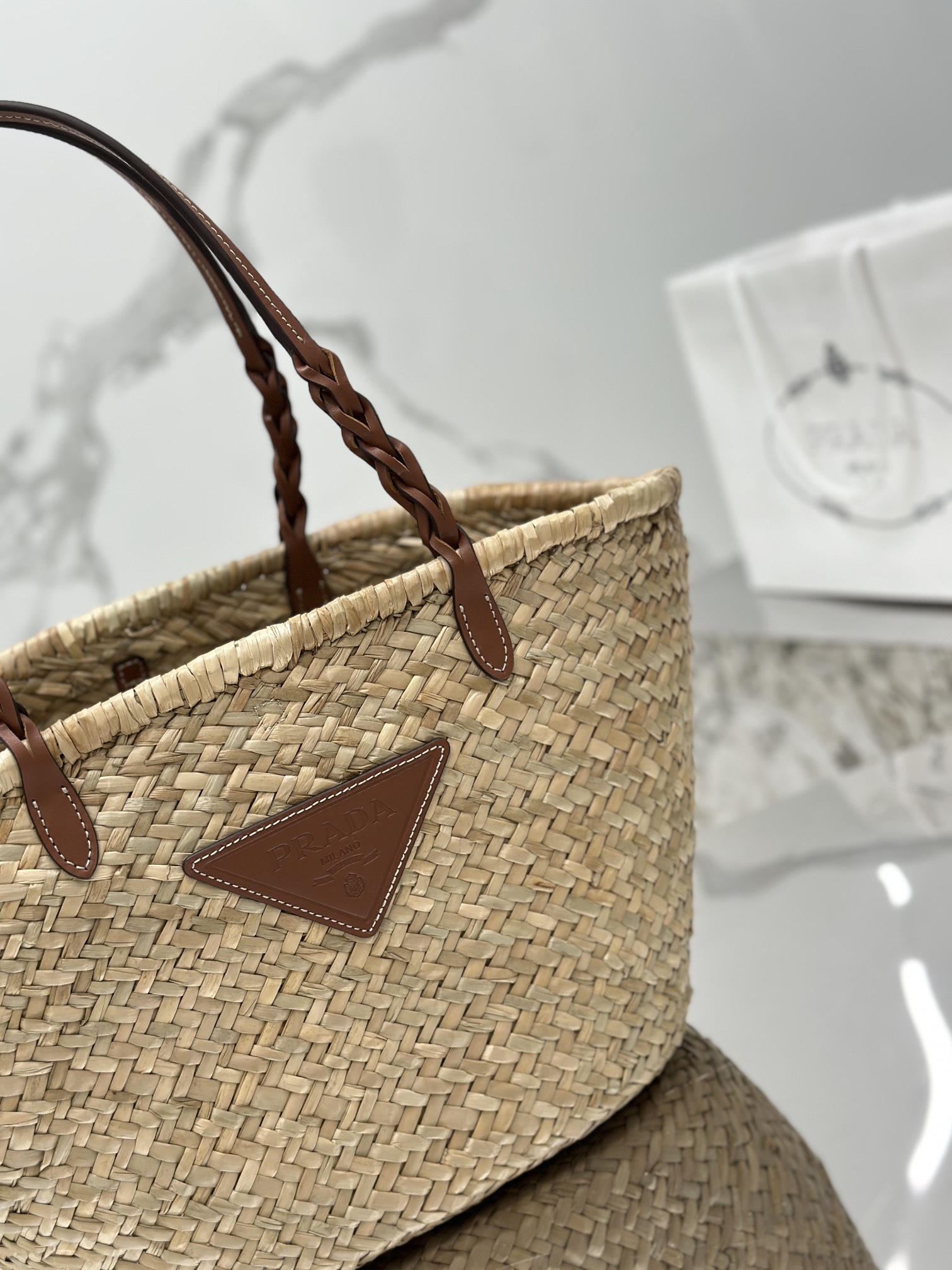 Bagsaaa Pra*a Raffia Woven Braided Basket Tote Brown - 25*48*16cm
