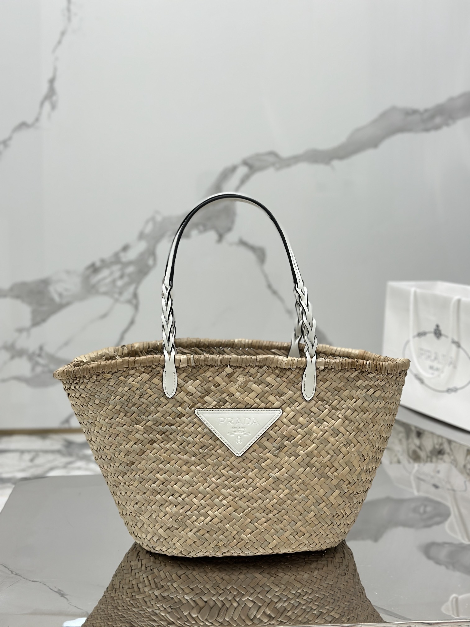 Bagsaaa Pra*a Raffia Woven Braided Basket Tote White - 25*48*16cm