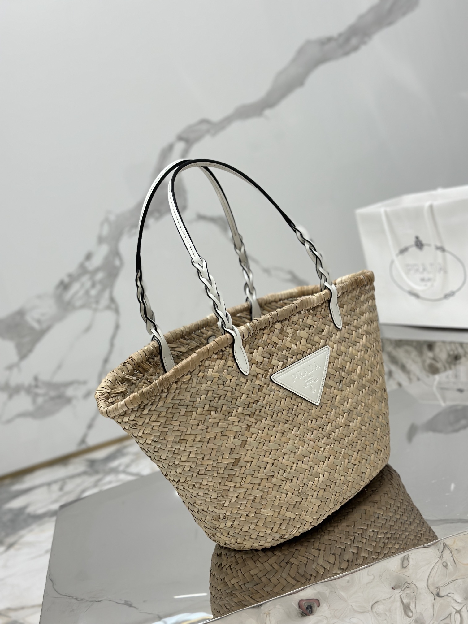 Bagsaaa Pra*a Raffia Woven Braided Basket Tote White - 25*48*16cm