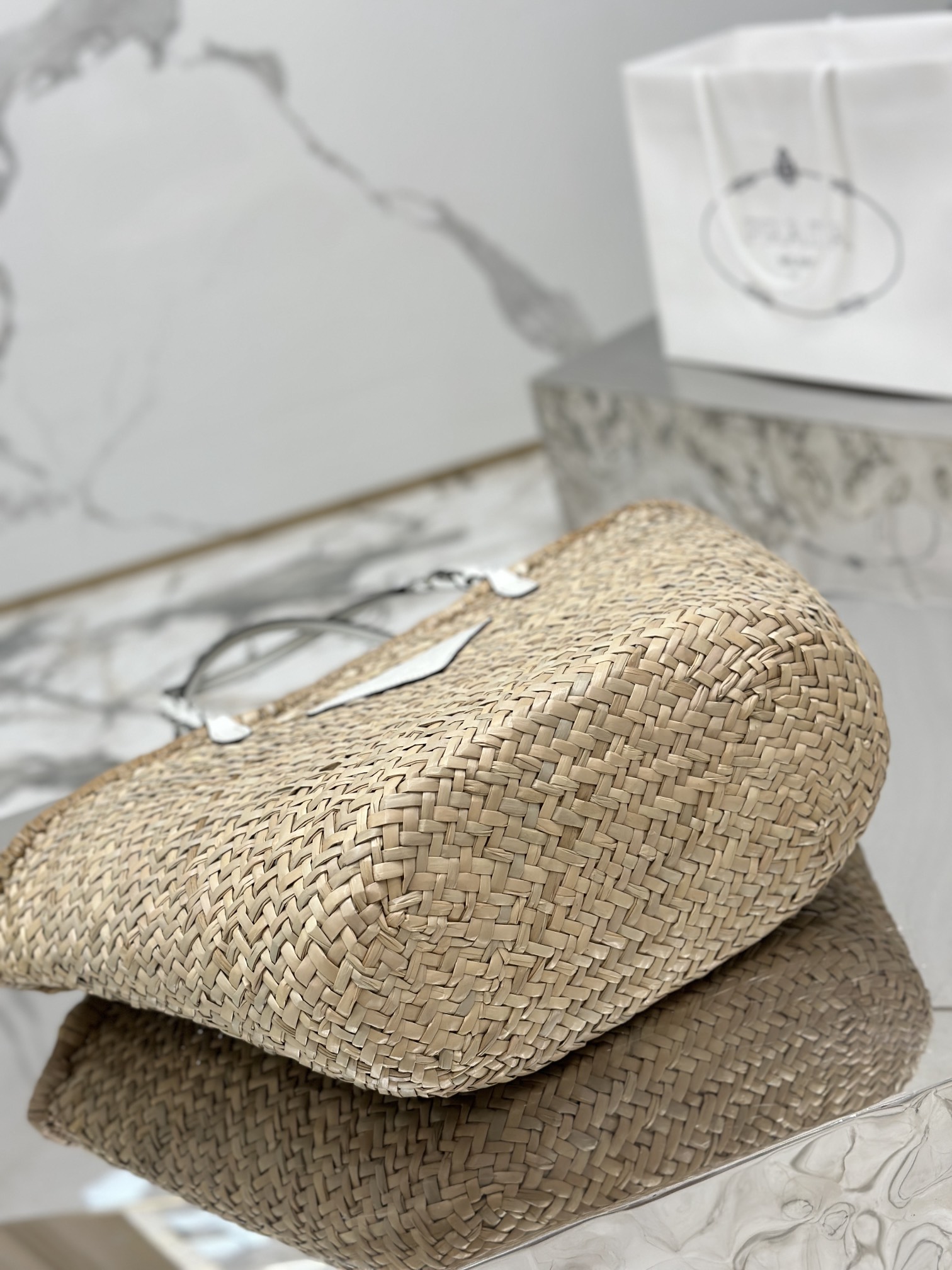 Bagsaaa Pra*a Raffia Woven Braided Basket Tote White - 25*48*16cm