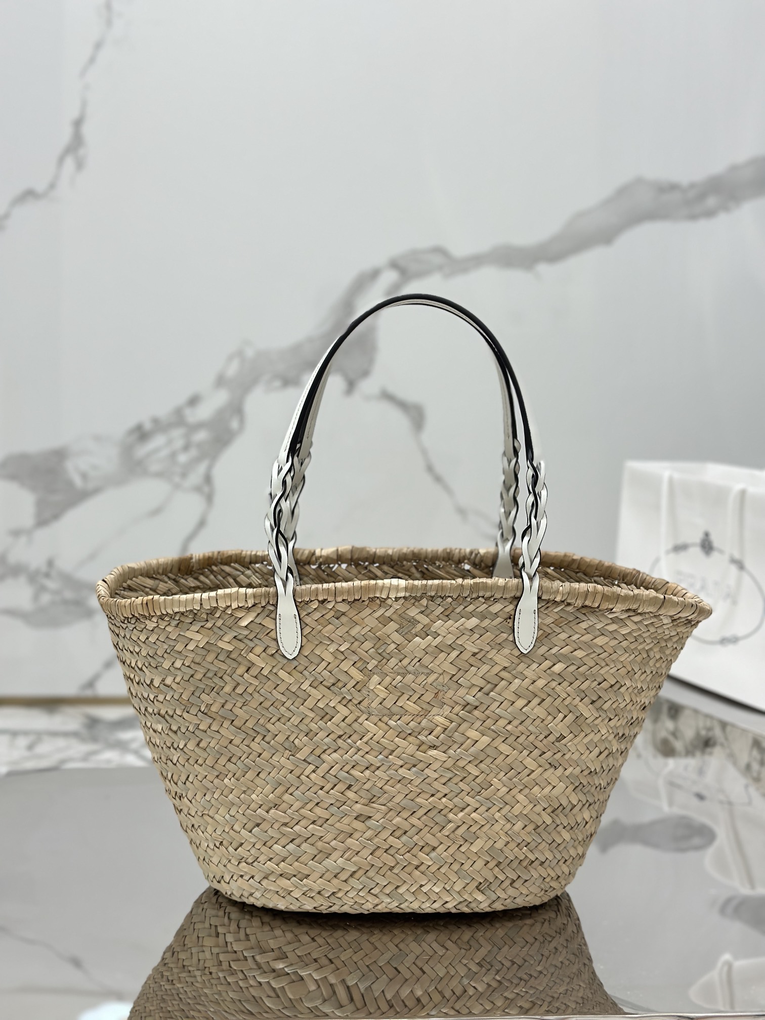 Bagsaaa Pra*a Raffia Woven Braided Basket Tote White - 25*48*16cm