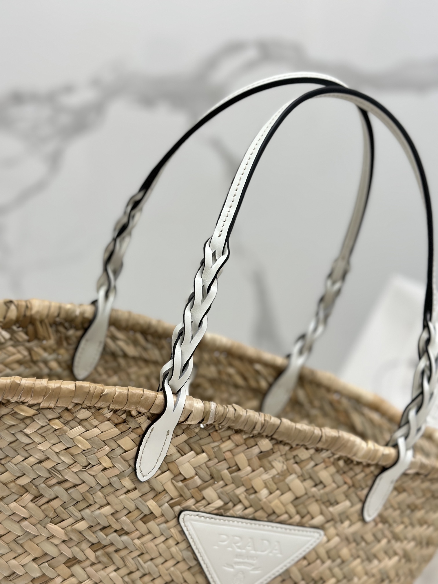 Bagsaaa Pra*a Raffia Woven Braided Basket Tote White - 25*48*16cm