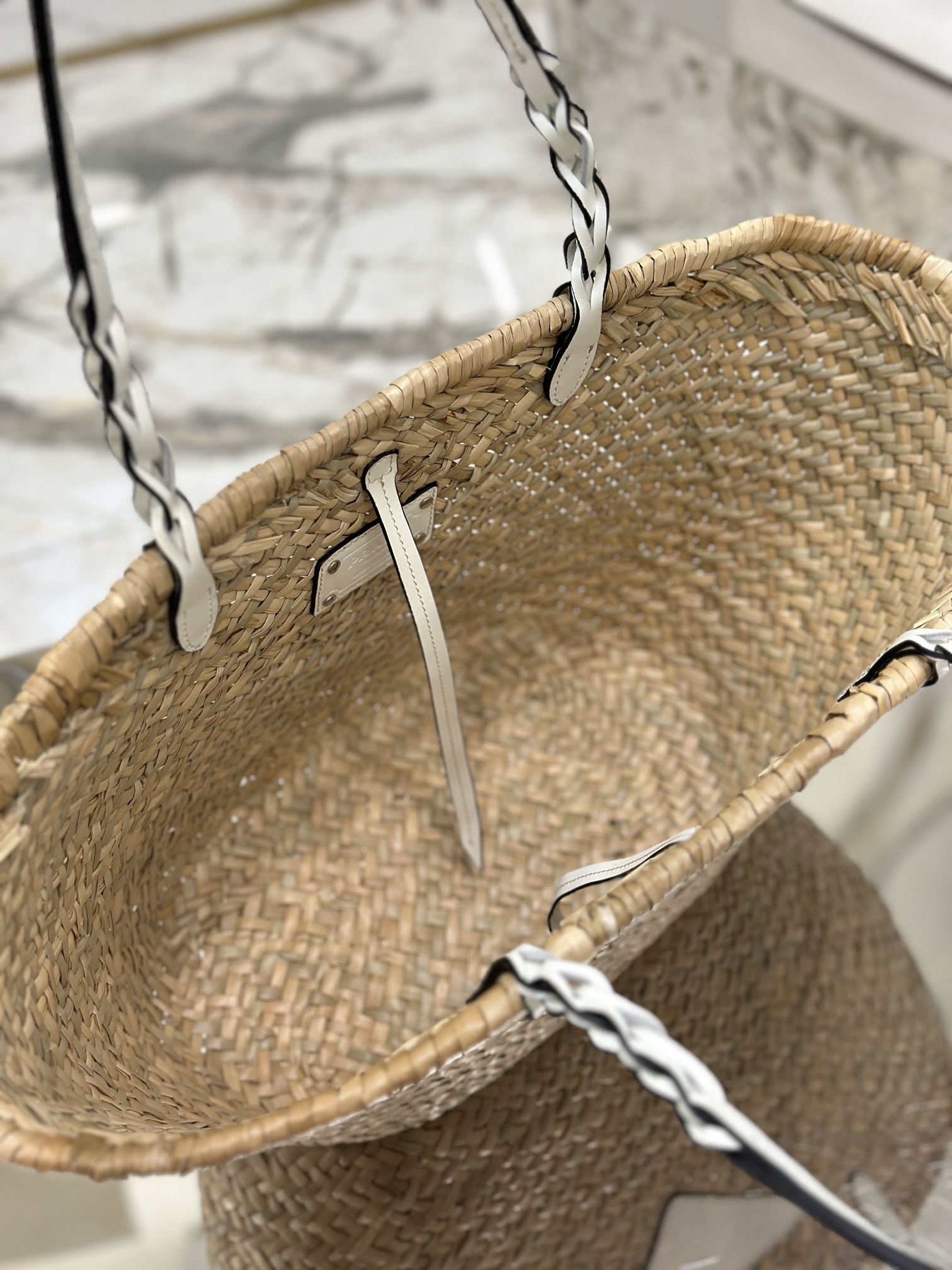 Bagsaaa Pra*a Raffia Woven Braided Basket Tote White - 25*48*16cm