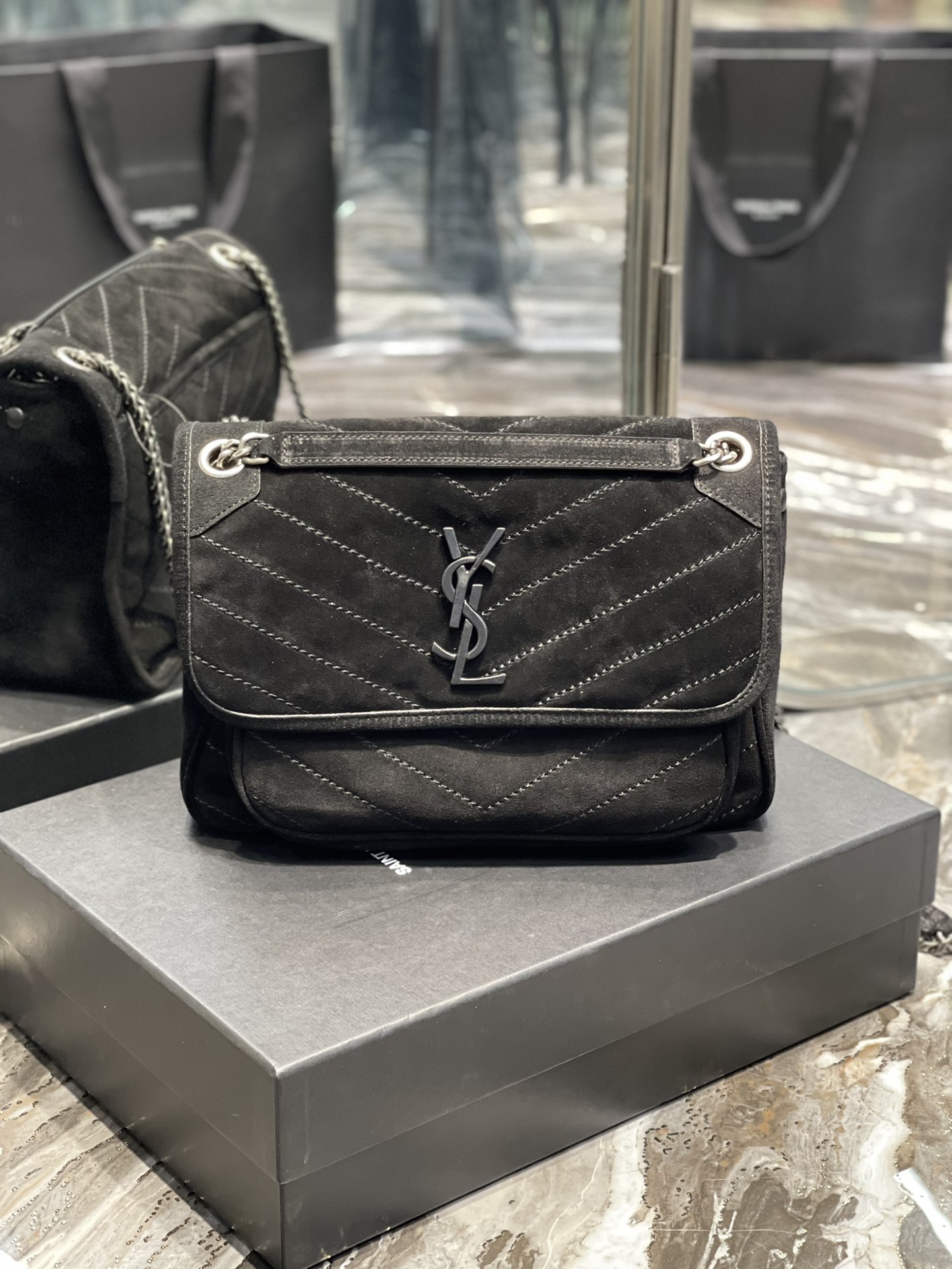 Bagsaaa Y51 Niki Suede Leather Black Bag - 28×20×8cm