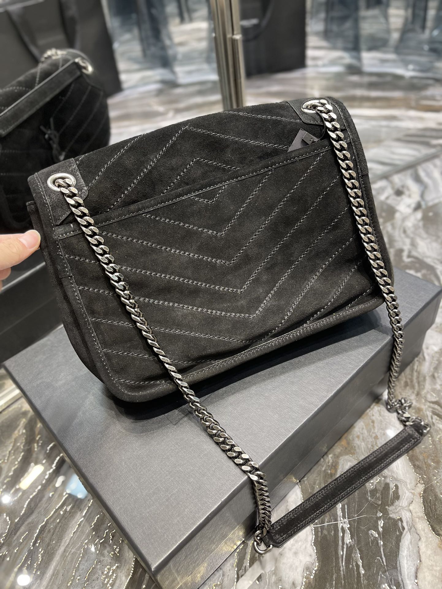 Bagsaaa Y51 Niki Suede Leather Black Bag - 28×20×8cm