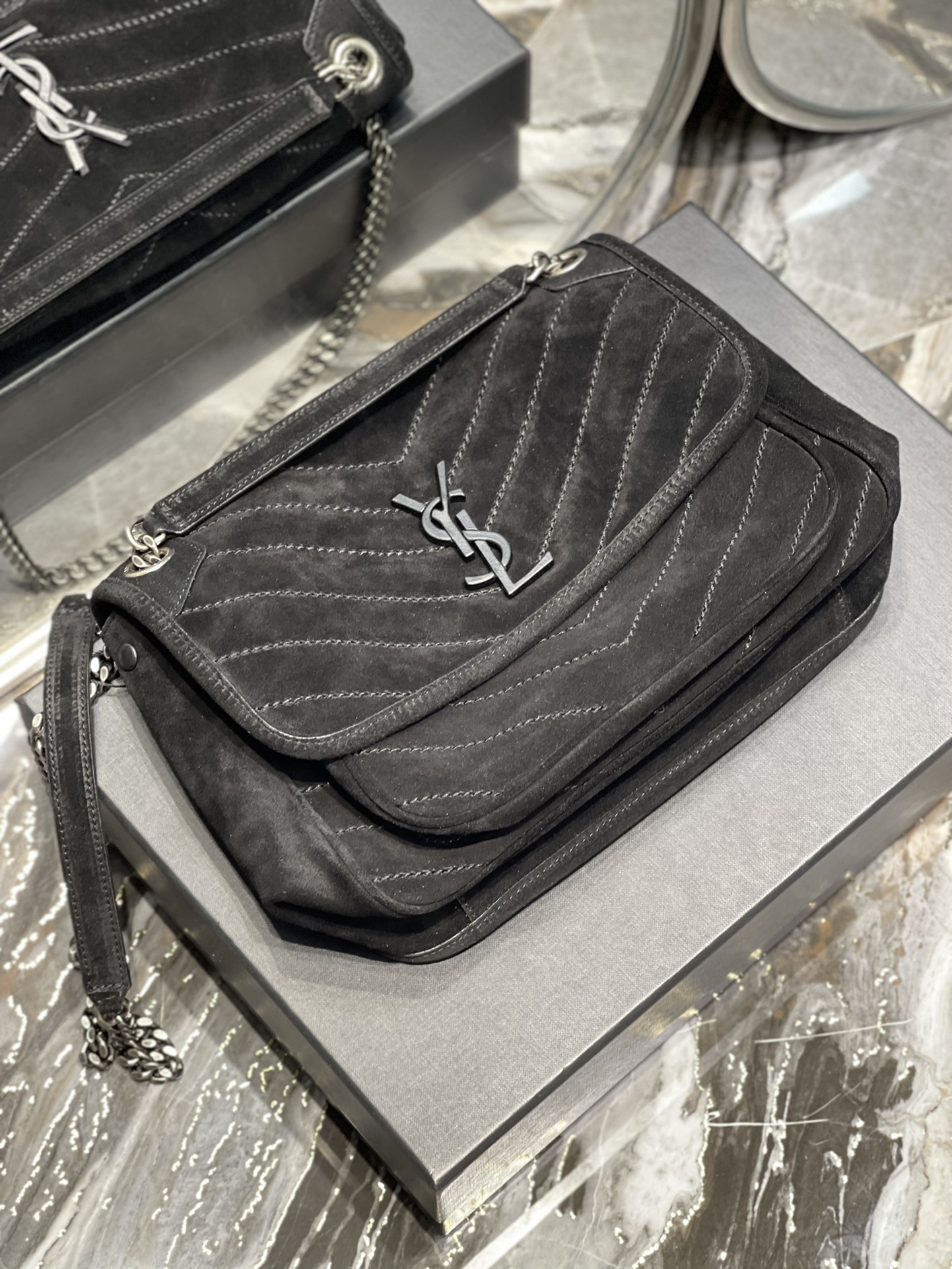 Bagsaaa Y51 Niki Suede Leather Black Bag - 28×20×8cm