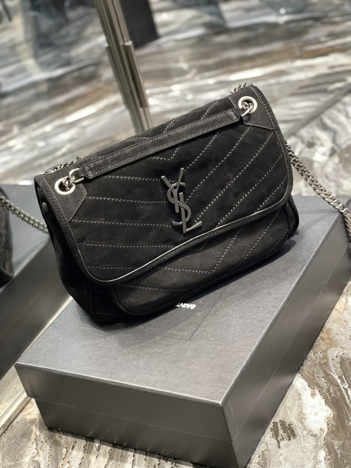 Bagsaaa Y51 Niki Suede Leather Black Bag - 28×20×8cm