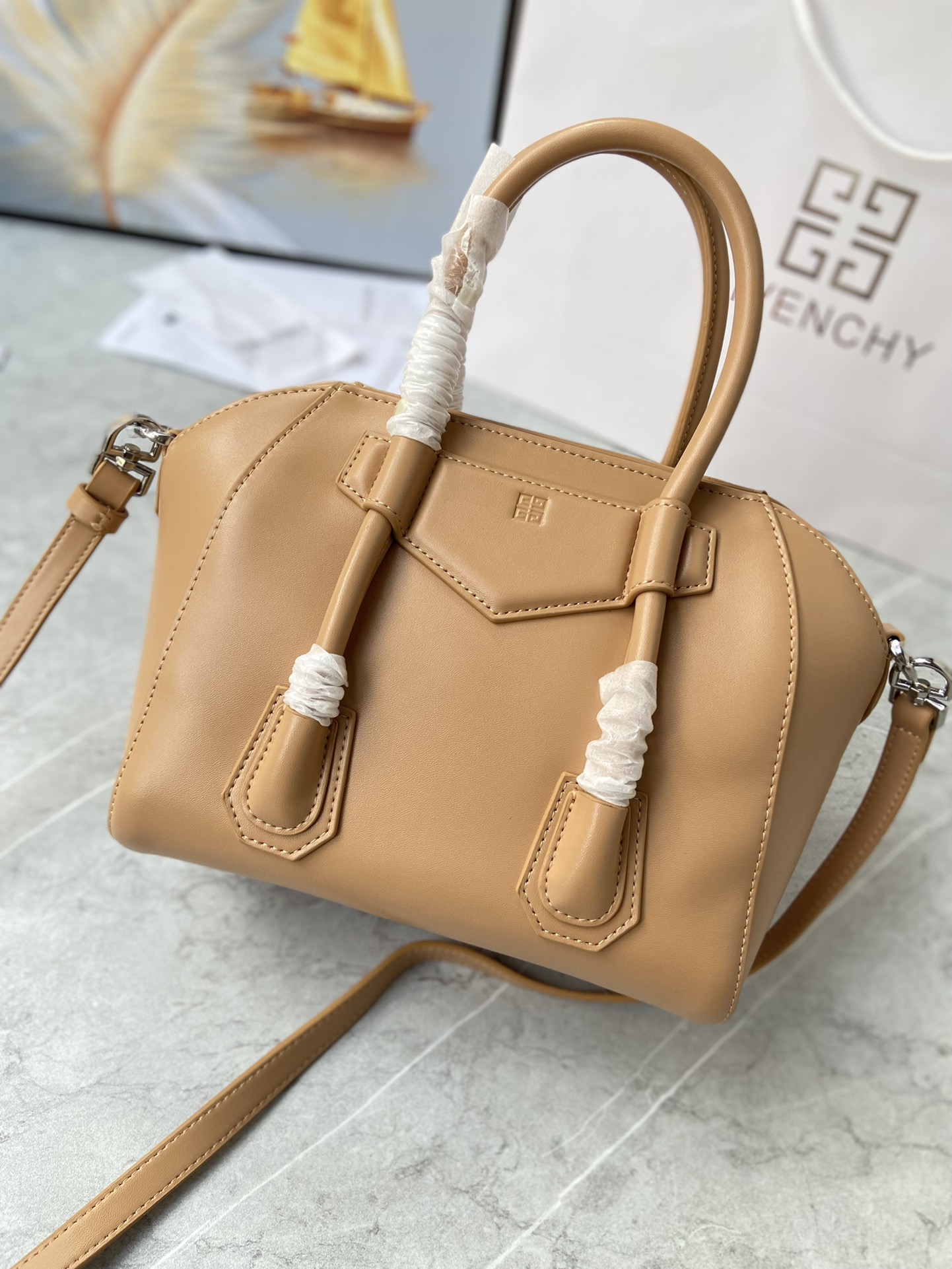 Bagsaaa Givenchy Antigona Lock Tote Bag Light Brown - 23*27*13cm