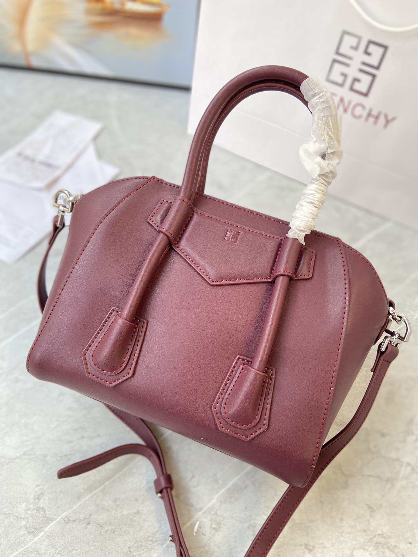 Bagsaaa Givenchy Antigona Lock Tote Bag Burgundy - 23*27*13cm