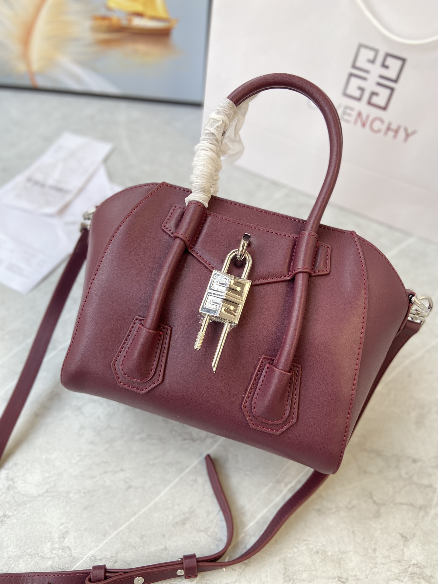 Bagsaaa Givenchy Antigona Lock Tote Bag Burgundy - 23*27*13cm