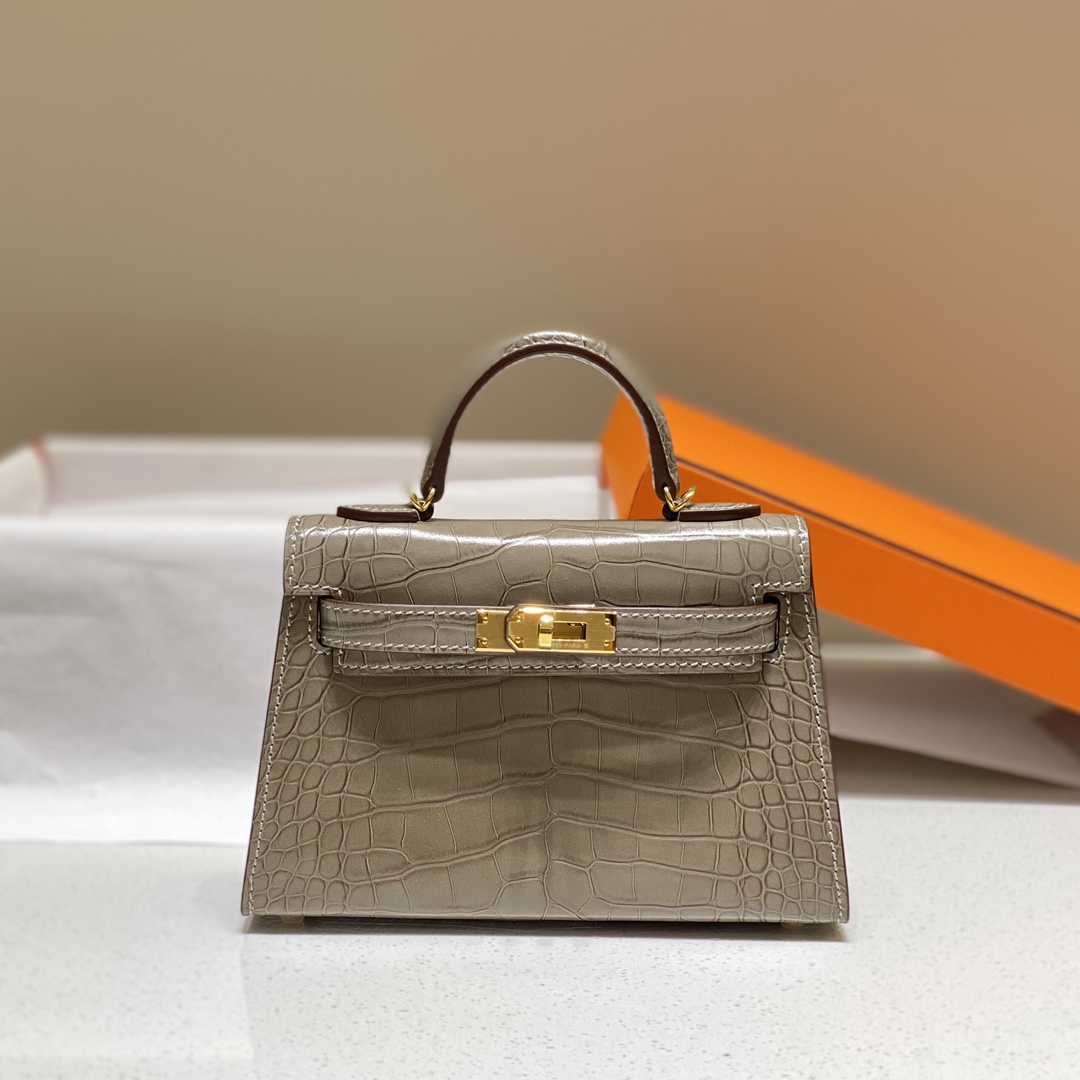 Bagsaaa H**me5 Mini Kelly Crocodile Taupe 19cm