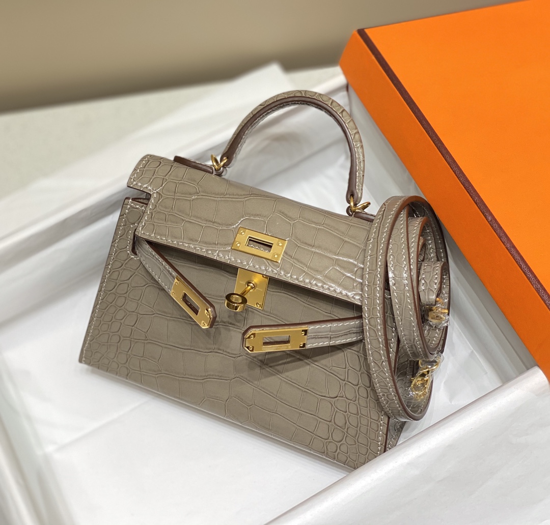 Bagsaaa H**me5 Mini Kelly Crocodile Taupe 19cm