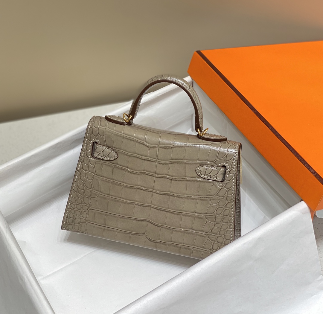Bagsaaa H**me5 Mini Kelly Crocodile Taupe 19cm