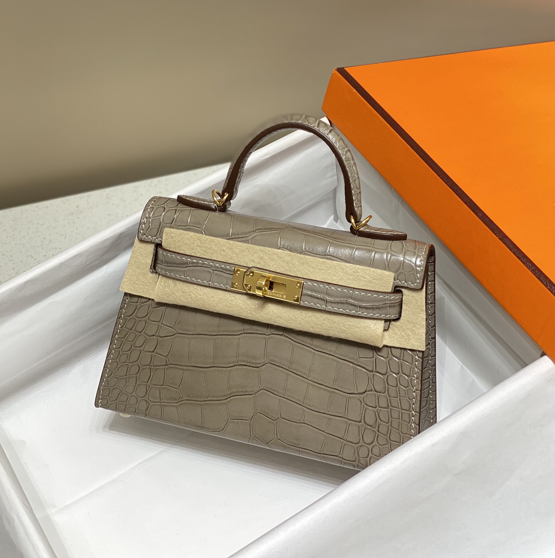 Bagsaaa H**me5 Mini Kelly Crocodile Taupe 19cm