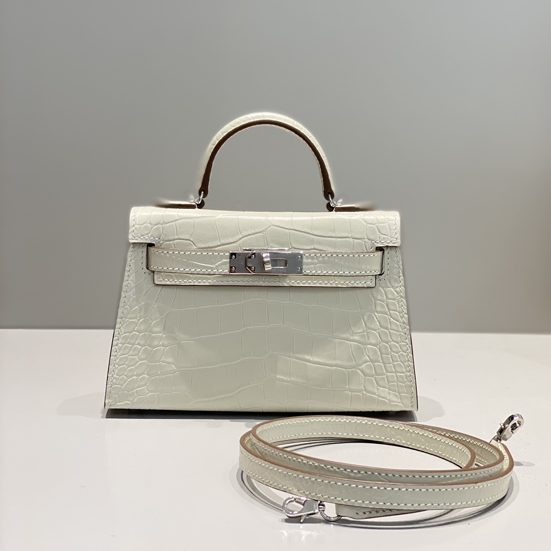 Bagsaaa H**me5 Mini Kelly Crocodile White 19cm