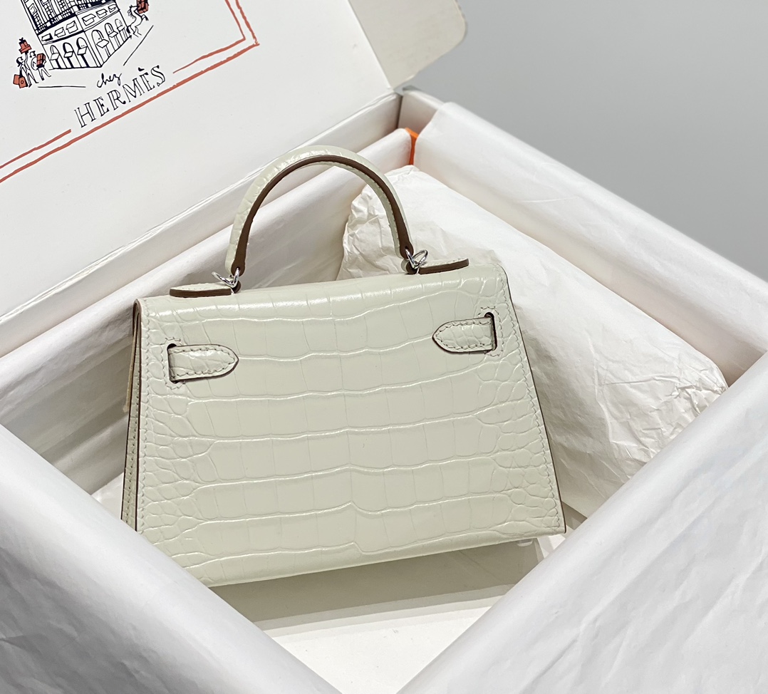 Bagsaaa H**me5 Mini Kelly Crocodile White 19cm
