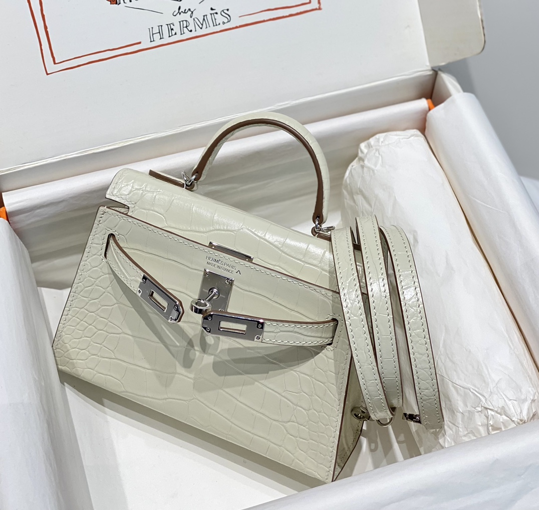 Bagsaaa H**me5 Mini Kelly Crocodile White 19cm