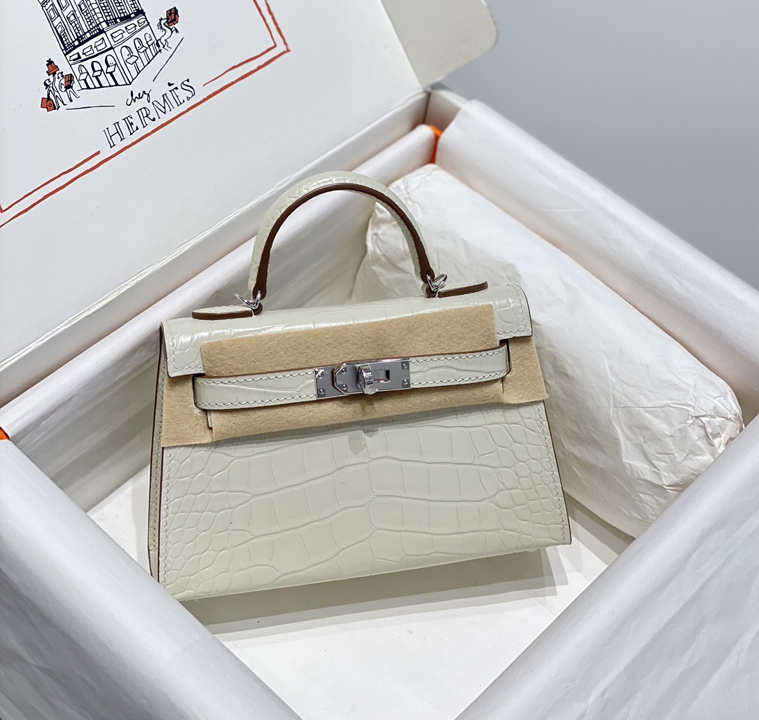 Bagsaaa H**me5 Mini Kelly Crocodile White 19cm