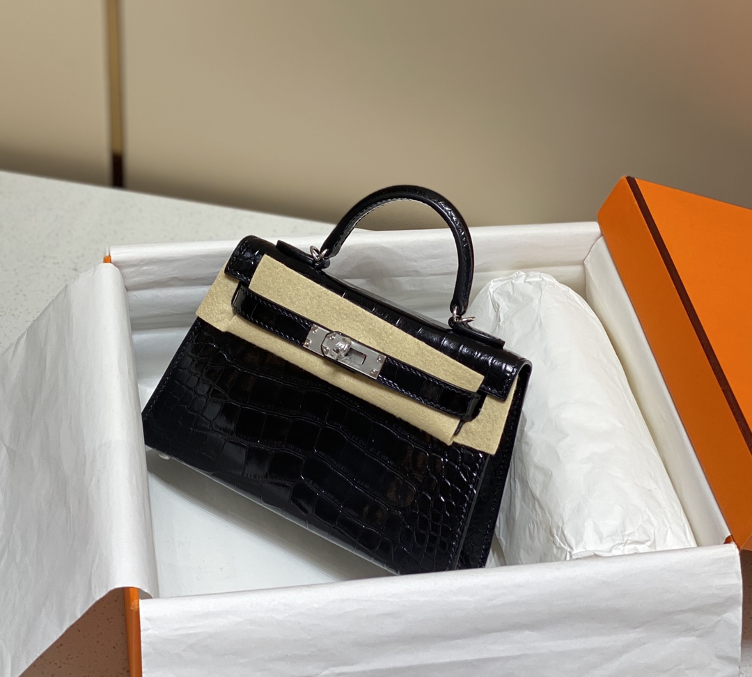 Bagsaaa H**me5 Mini Kelly Crocodile Black 19cm