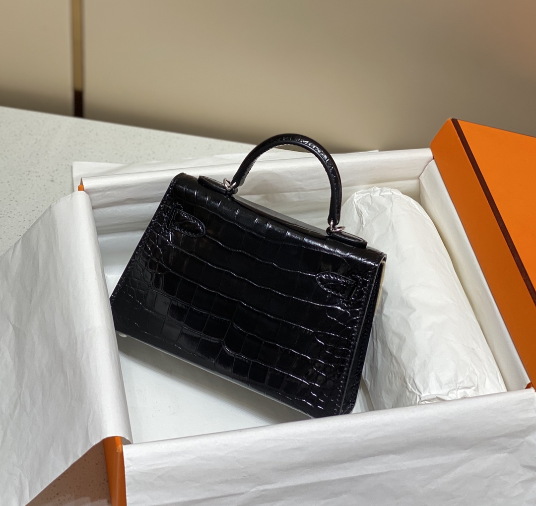 Bagsaaa H**me5 Mini Kelly Crocodile Black 19cm