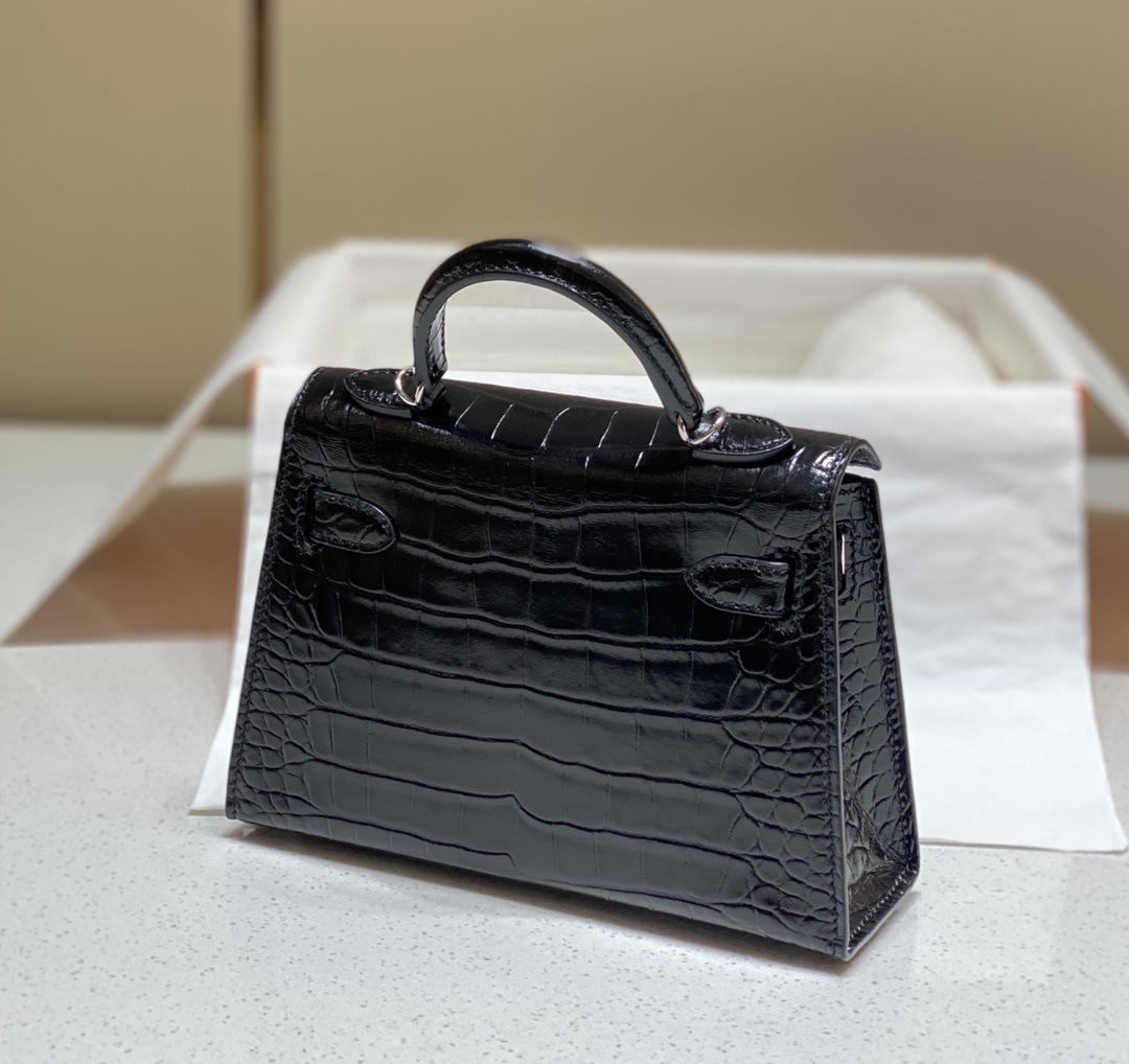 Bagsaaa H**me5 Mini Kelly Crocodile Black 19cm