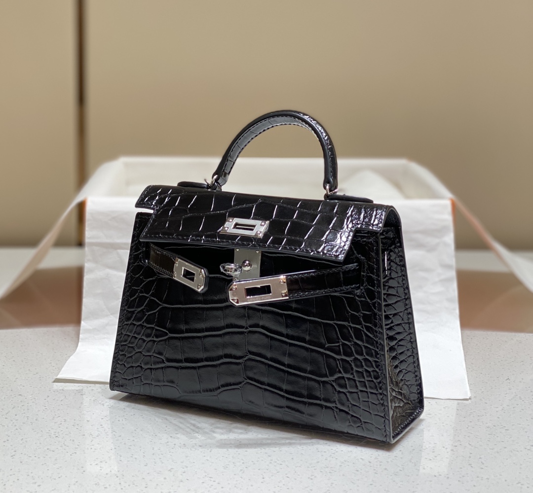 Bagsaaa H**me5 Mini Kelly Crocodile Black 19cm