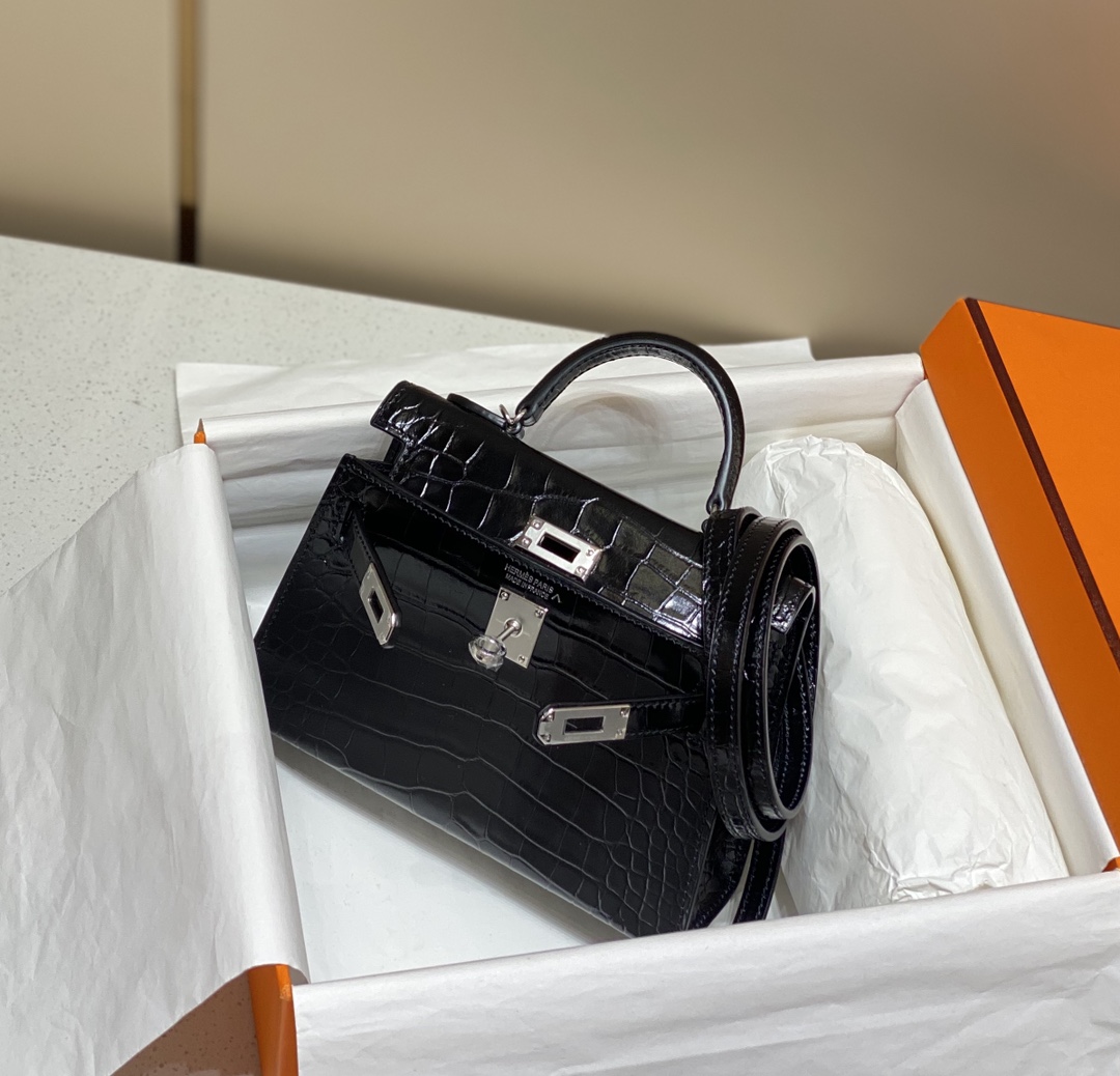 Bagsaaa H**me5 Mini Kelly Crocodile Black 19cm