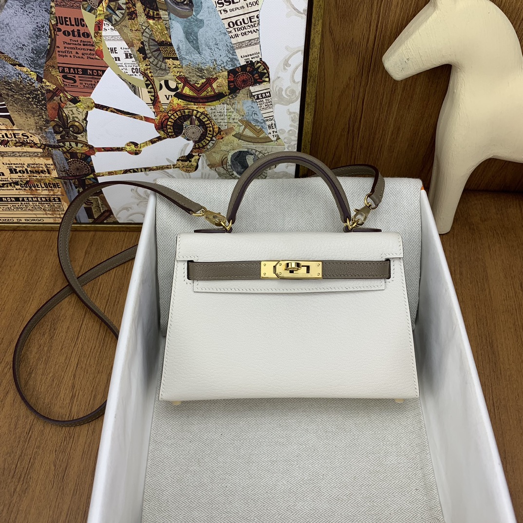 Bagsaaa H**me5 Mini Kelly Chevre Leather White and Brown 19cm 