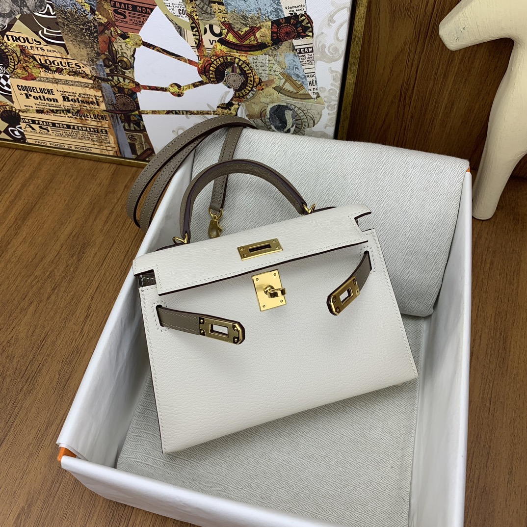 Bagsaaa H**me5 Mini Kelly Chevre Leather White and Brown 19cm