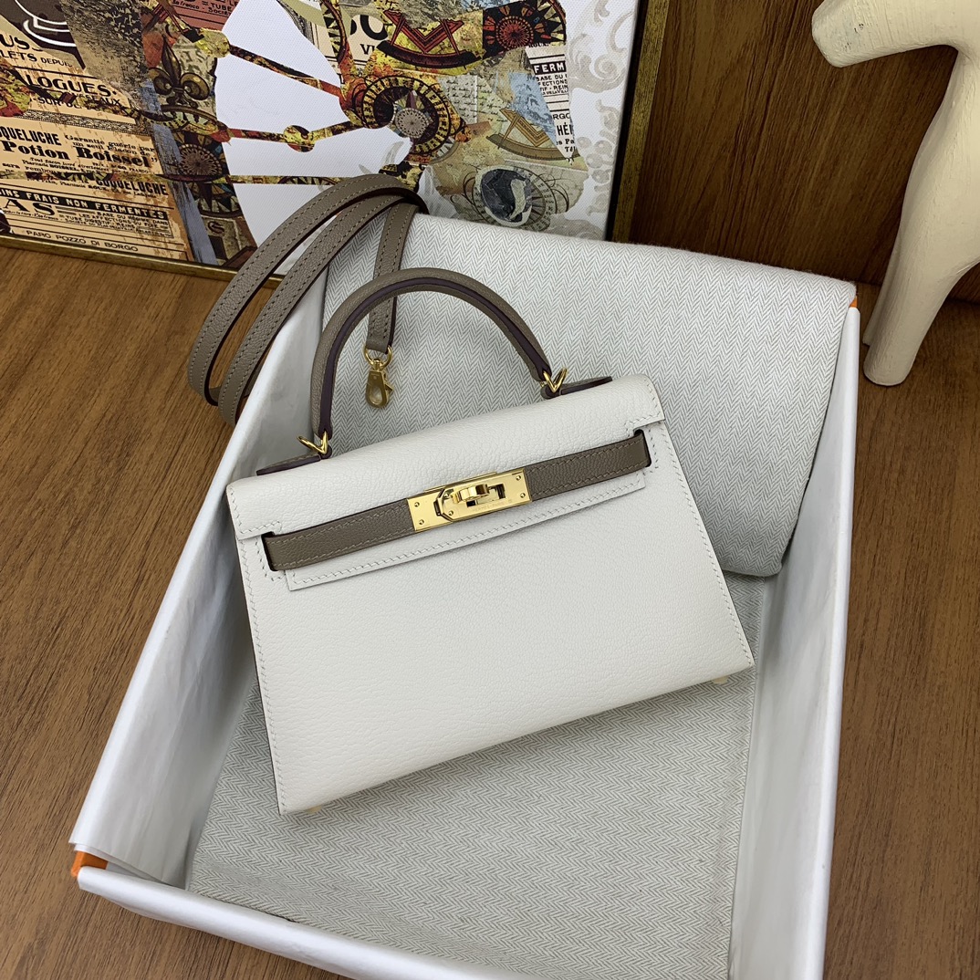 Bagsaaa H**me5 Mini Kelly Chevre Leather White and Brown 19cm