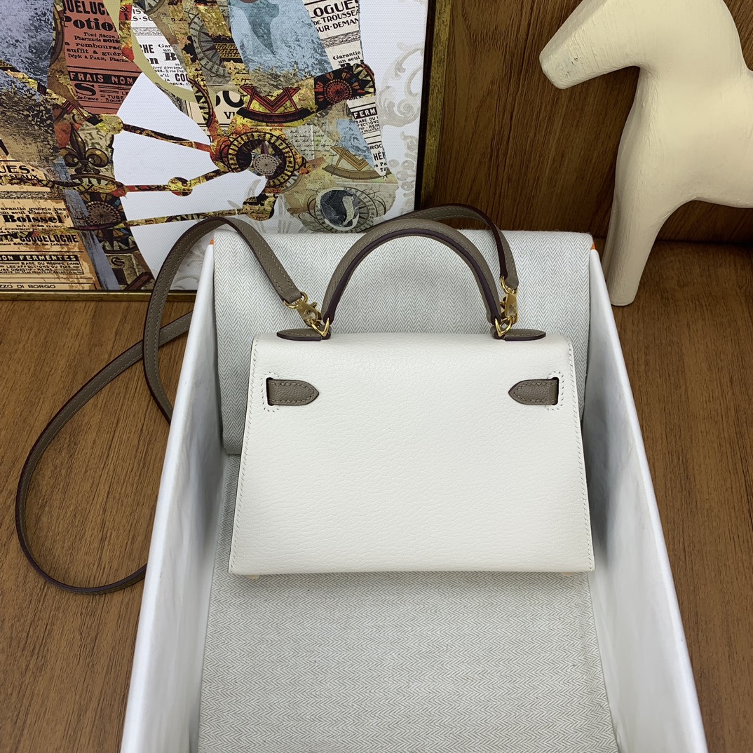 Bagsaaa H**me5 Mini Kelly Chevre Leather White and Brown 19cm