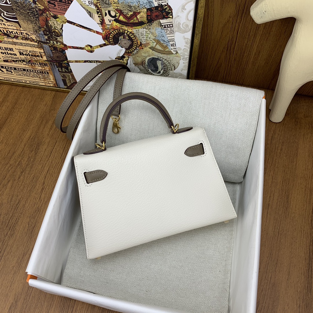 Bagsaaa H**me5 Mini Kelly Chevre Leather White and Brown 19cm