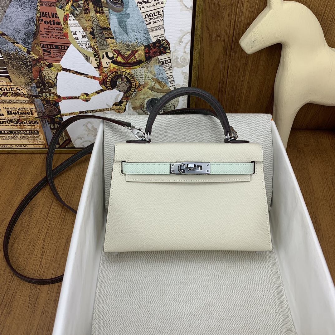 Bagsaaa H**me5 Mini Kelly Chevre Leather White and Blue 19cm