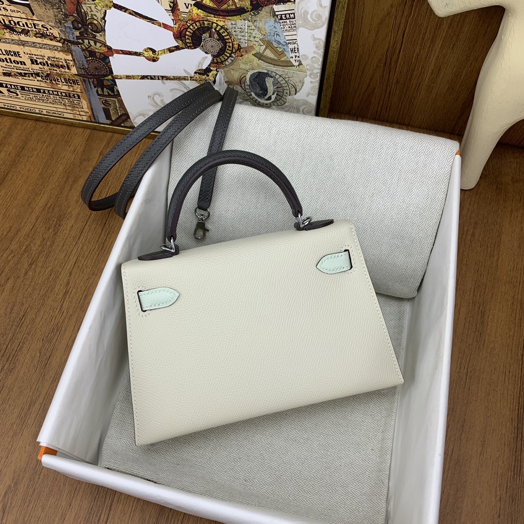 Bagsaaa H**me5 Mini Kelly Chevre Leather White and Blue 19cm