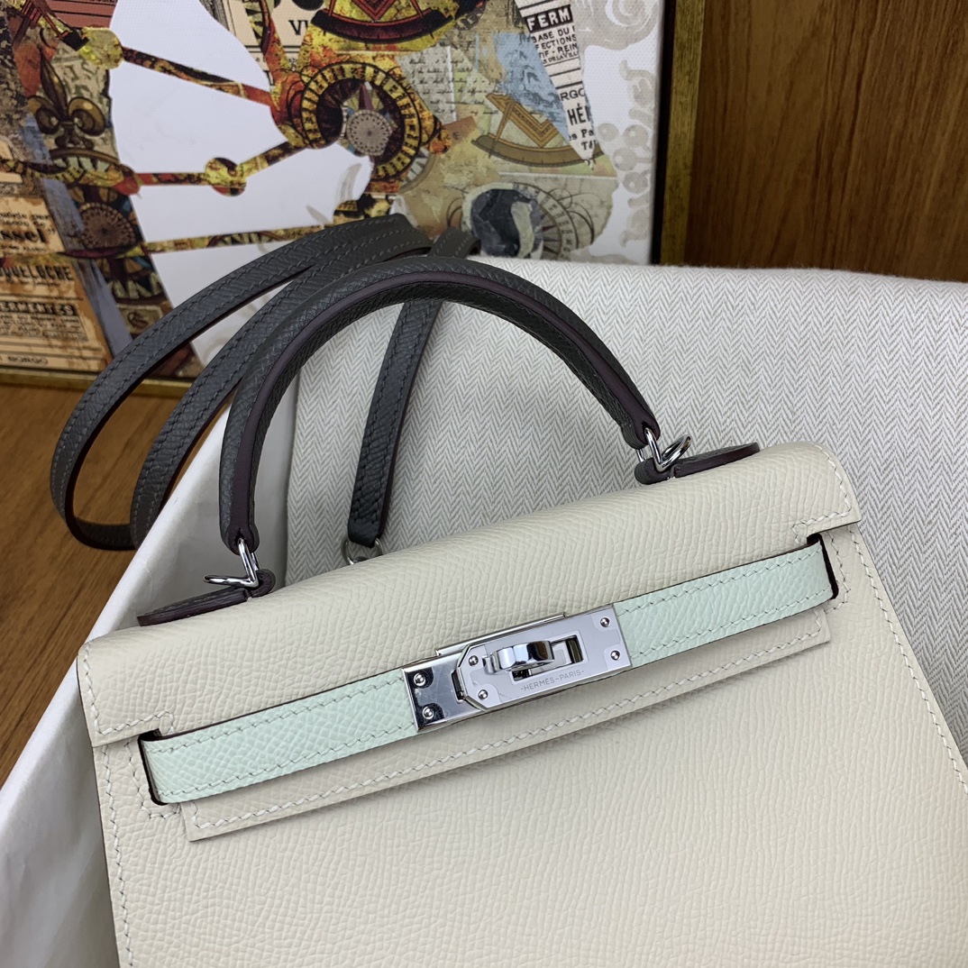 Bagsaaa H**me5 Mini Kelly Chevre Leather White and Blue 19cm