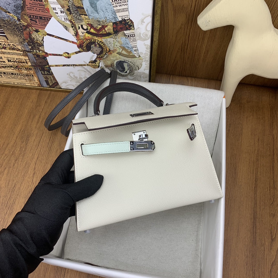 Bagsaaa H**me5 Mini Kelly Chevre Leather White and Blue 19cm
