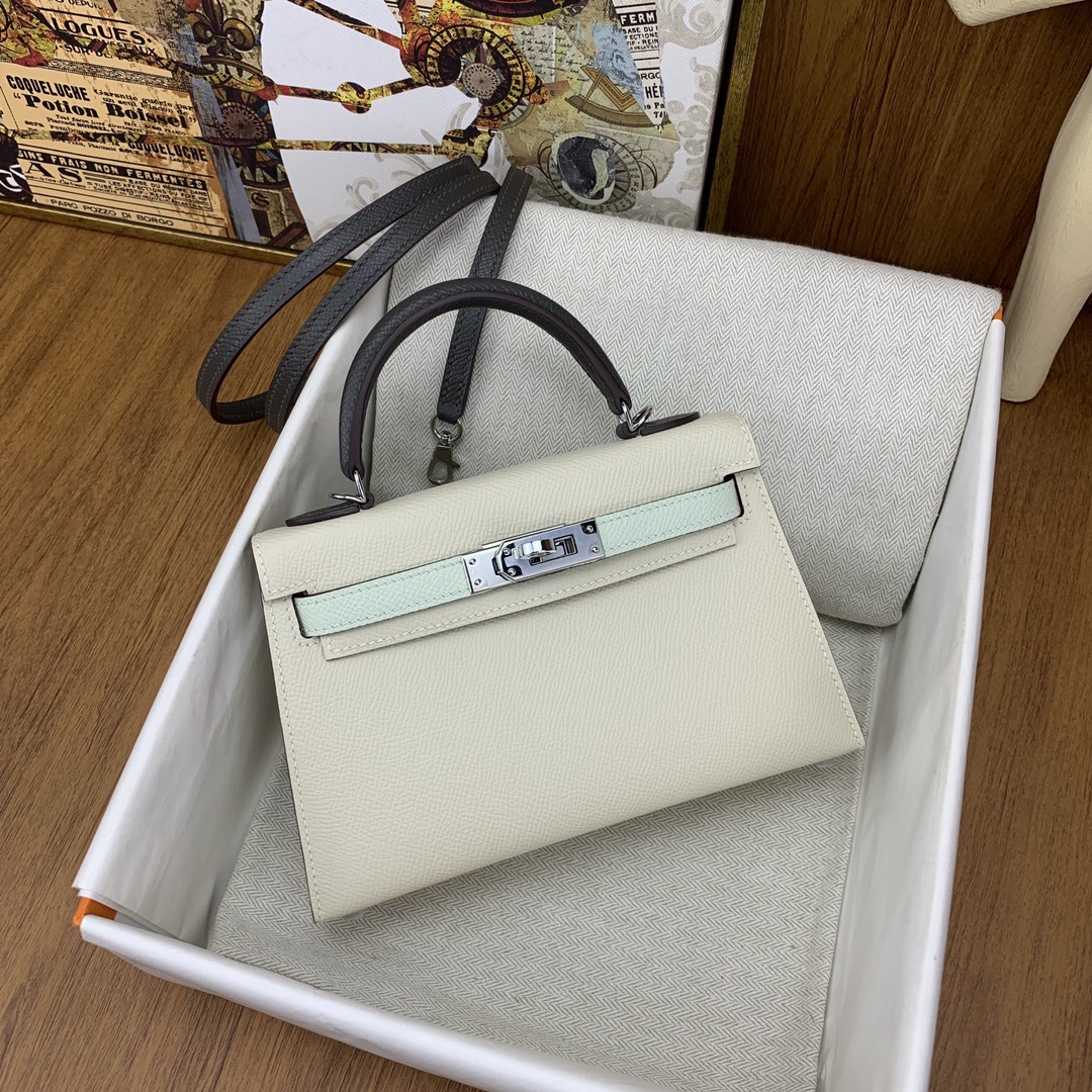 Bagsaaa H**me5 Mini Kelly Chevre Leather White and Blue 19cm