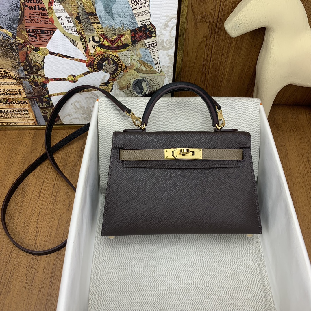 Bagsaaa H**me5 Mini Kelly Chevre Leather Dark Brown 19cm