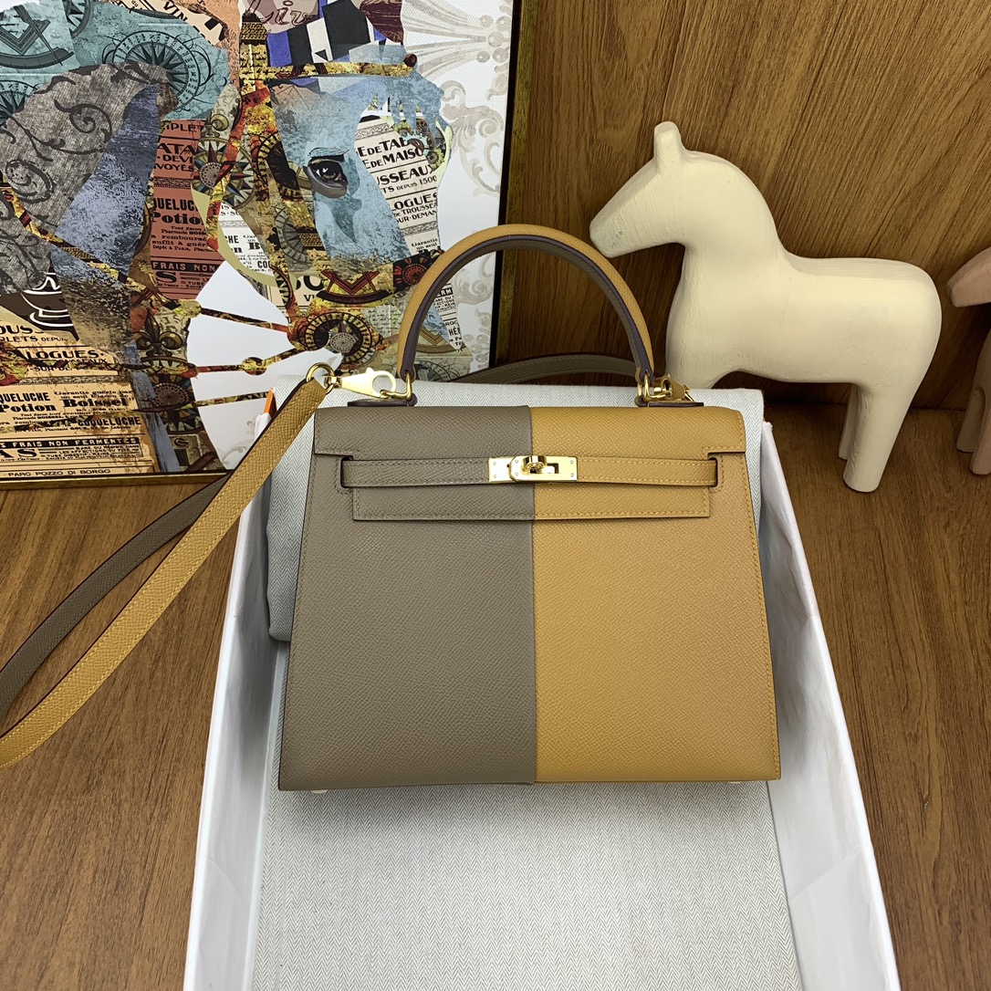 Bagsaaa H**me5 Kelly 25cm Epsom Leather Beige and Taupe