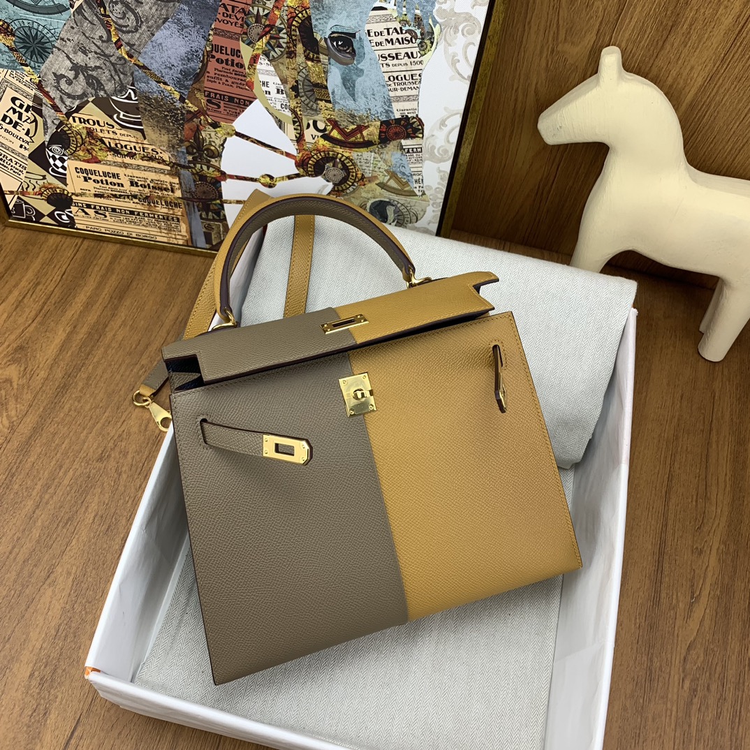 Bagsaaa H**me5 Kelly 25cm Epsom Leather Beige and Taupe