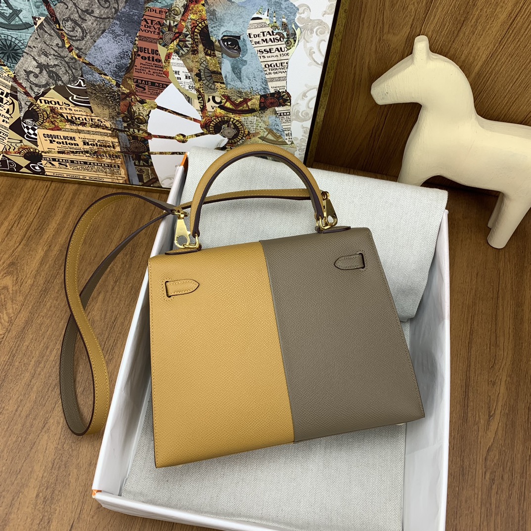 Bagsaaa H**me5 Kelly 25cm Epsom Leather Beige and Taupe