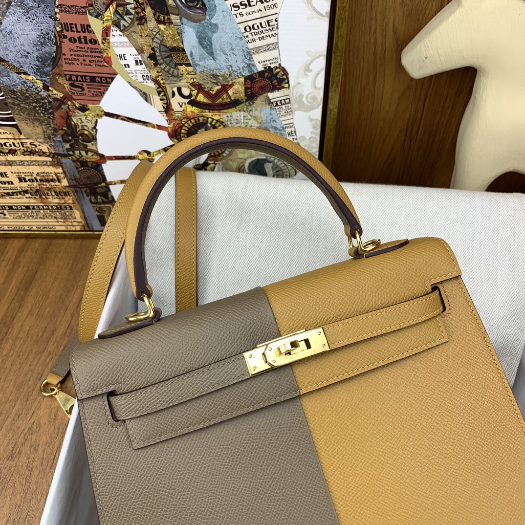 Bagsaaa H**me5 Kelly 25cm Epsom Leather Beige and Taupe
